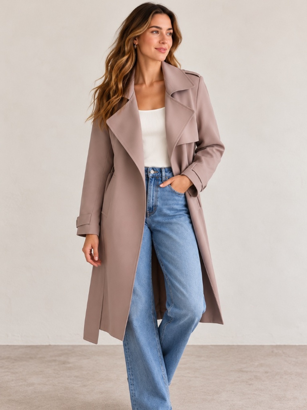 Prima Dusty Rose Mauve Draped Belted Trench Coat Size XS
